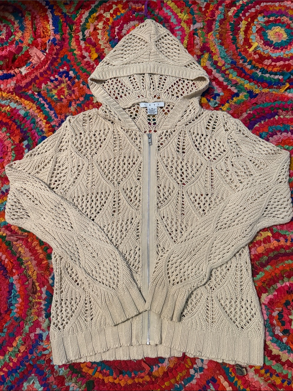 CAbi Cream Open-Knit Hooded Zip Cardigan